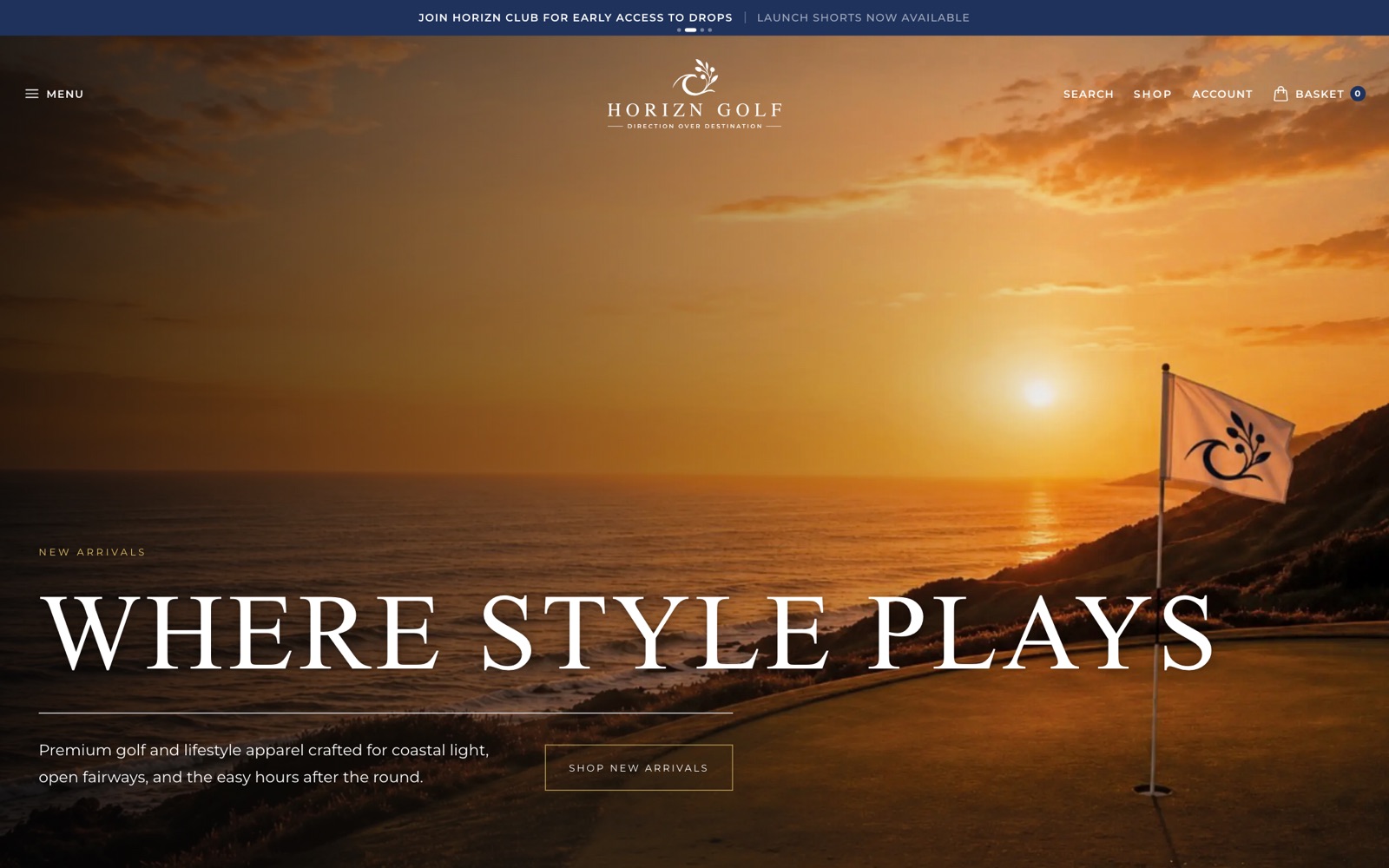 A MedusaJS storefront we built — the Horizn Golf home page.