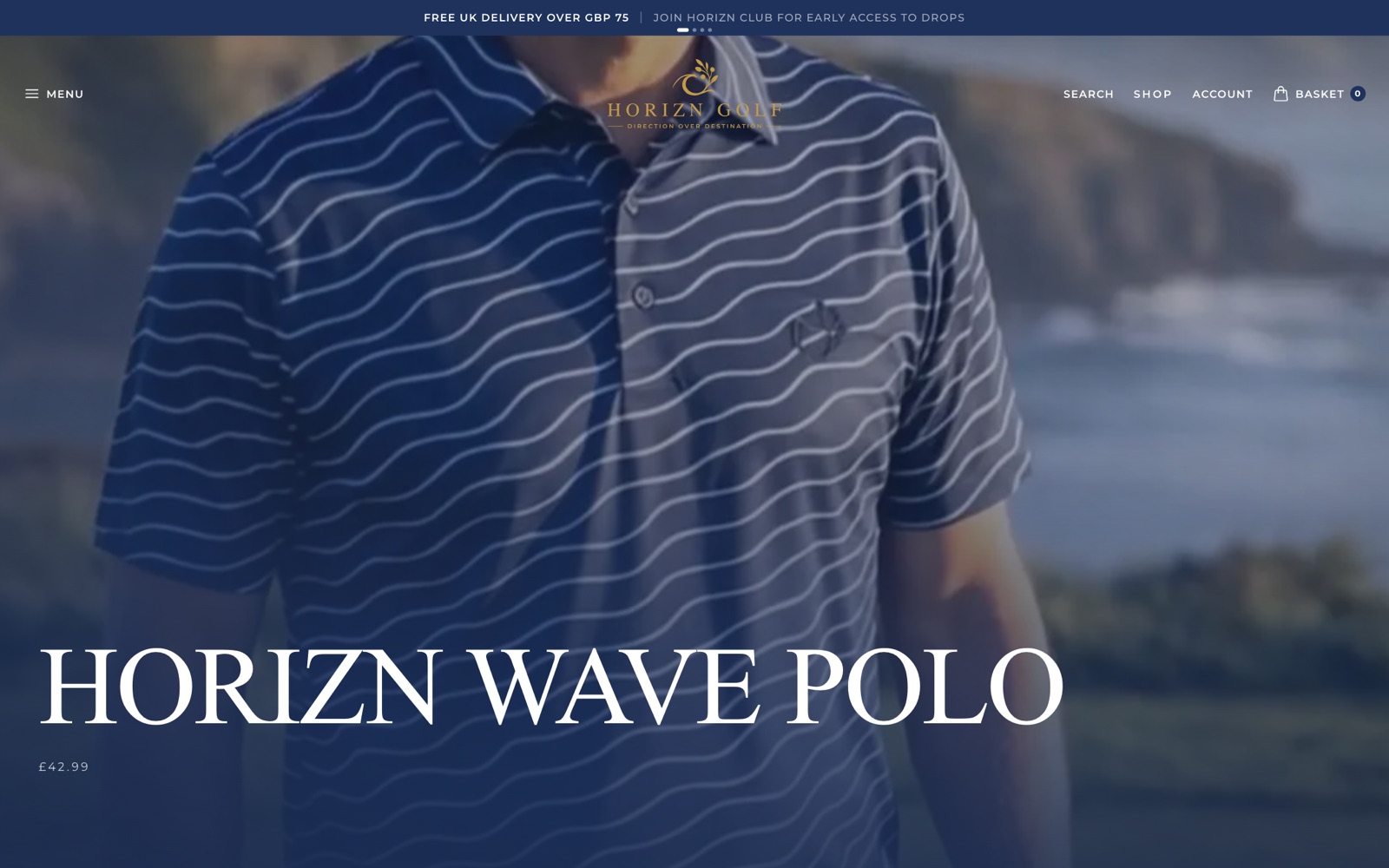 A Horizn Golf product page with clean imagery and variant selection.